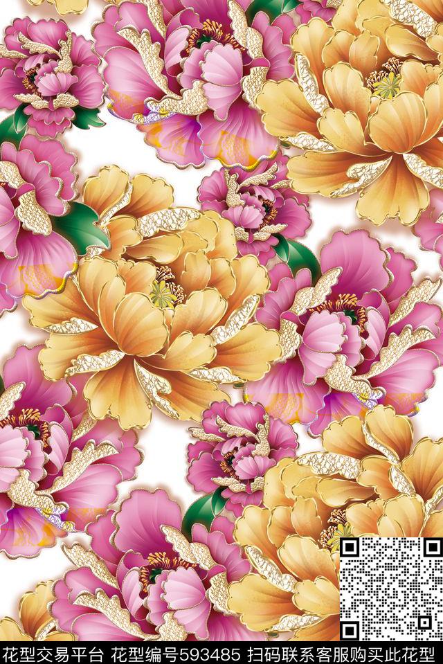 牡丹花卉富贵数码印花花型下载（图片编号: 593485） - 瓦栏（Walan）