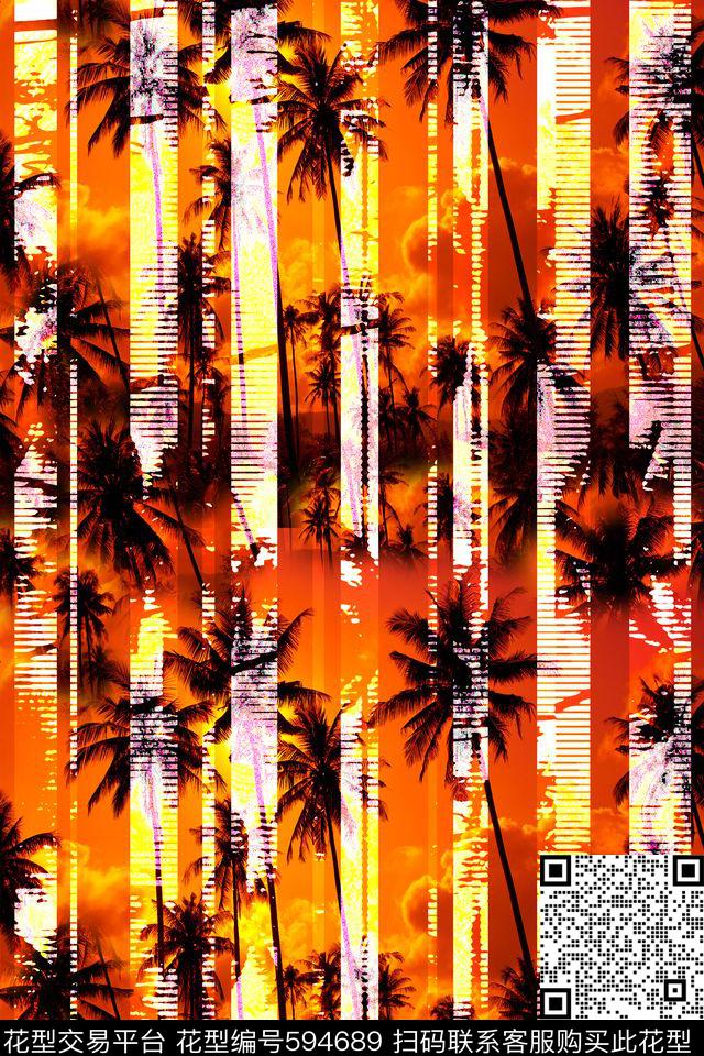 度假黄昏椰树男装裤子 - 594689 - 泳装 椰树 男装 - 数码印花花型 － 沙发布花型设计 － 瓦栏