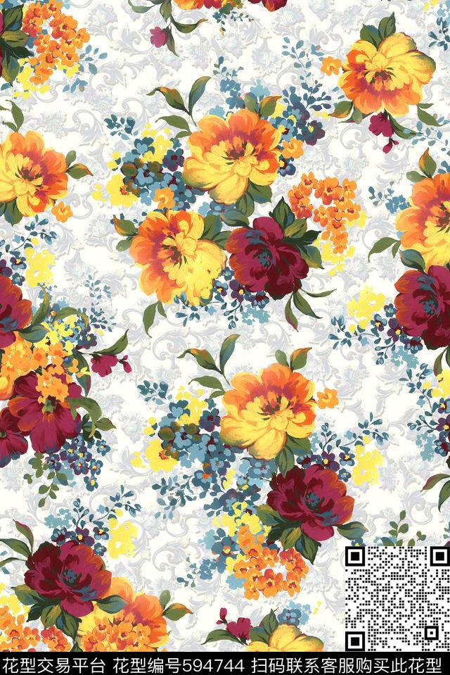 大花小碎花花卉数码印花花型下载（图片编号: 594744） - 瓦栏（Walan）