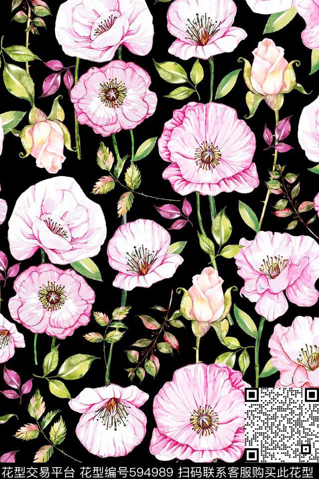 流行色浪漫花卉水晶粉传统印花花型下载（图片编号: 594989） - 瓦栏（Walan）