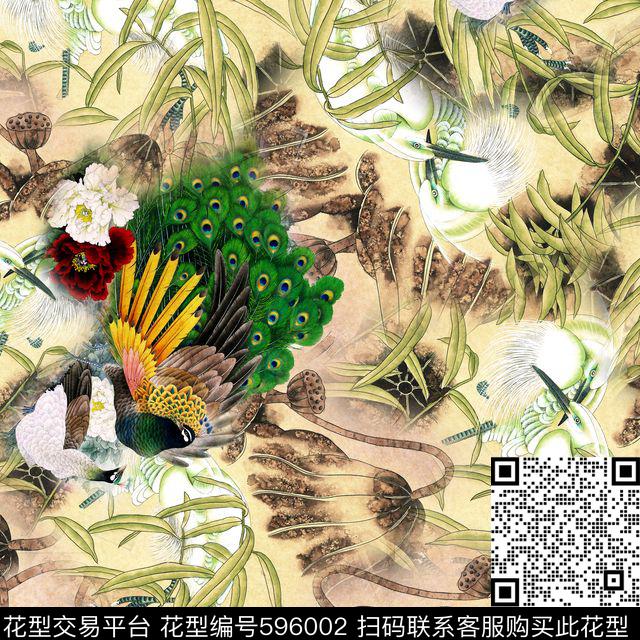 中国风植物复古数码印花花型下载（图片编号: 596002） - 瓦栏（Walan）