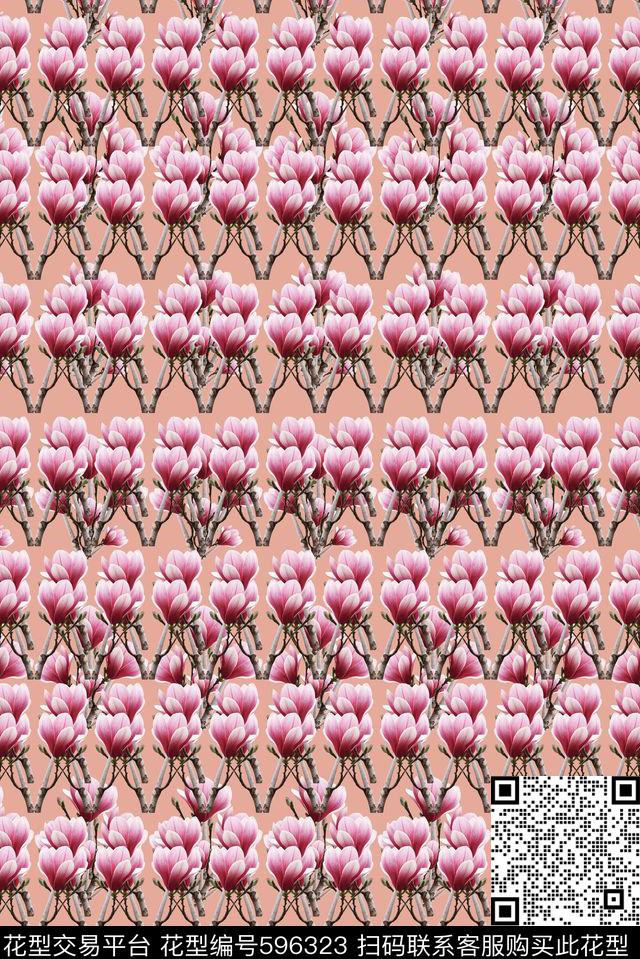 条纹混搭玉兰花语花卉奔放数码印花花型下载（图片编号: 596323） - 瓦栏（Walan）