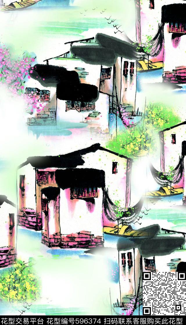 手绘、水墨、建筑、中国风数码印花花型下载（图片编号: 596374） - 瓦栏（Walan）