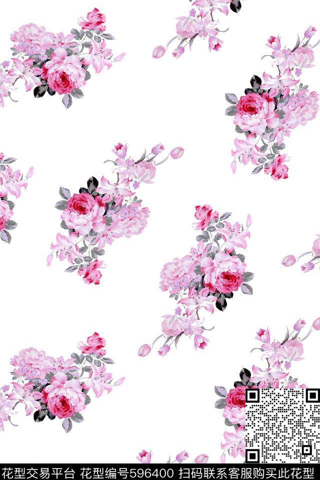 玫瑰花朵花卉数码印花花型下载（图片编号: 596400） - 瓦栏（Walan）