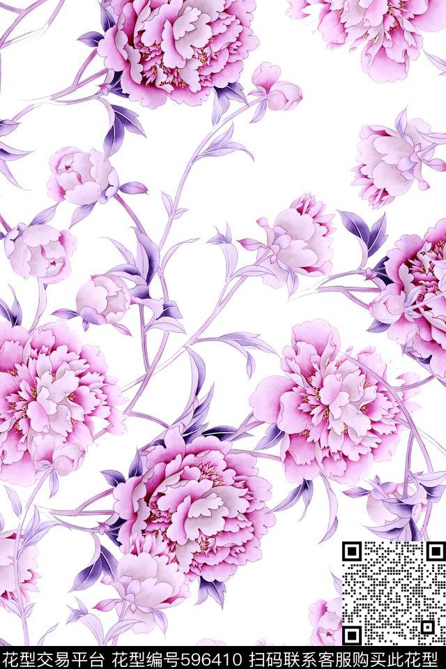 玫瑰牡丹花朵数码印花花型下载（图片编号: 596410） - 瓦栏（Walan）