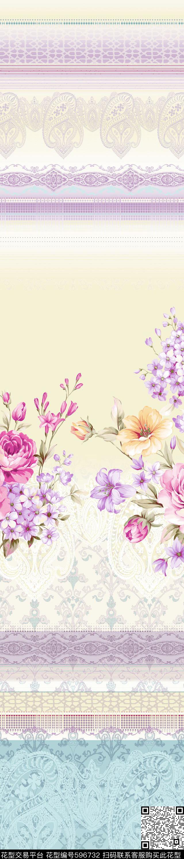 家纺花卉 - 596732 - 清新 家纺 花卉 - 传统印花花型 － 床品花型设计 － 瓦栏