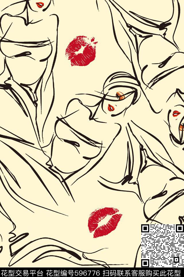 线条美女嘴唇传统印花花型下载（图片编号: 596776） - 瓦栏（Walan）