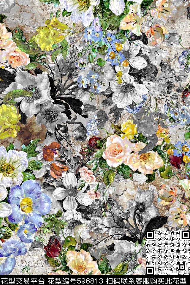 趣味油画花卉花卉数码印花花型下载（图片编号: 596813） - 瓦栏（Walan）