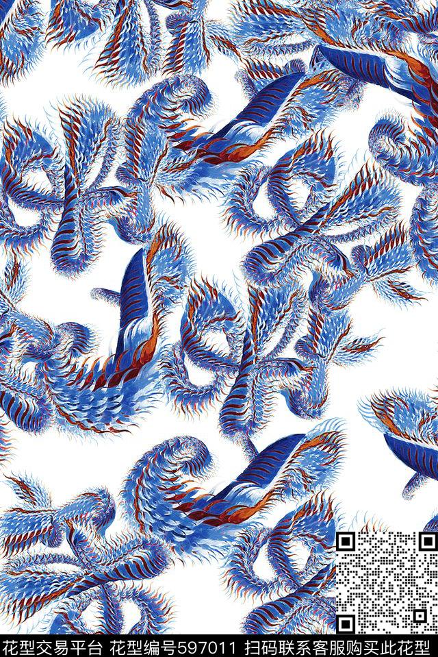 青花瓷龙鳞花纹数码印花花型下载（图片编号: 597011） - 瓦栏（Walan）