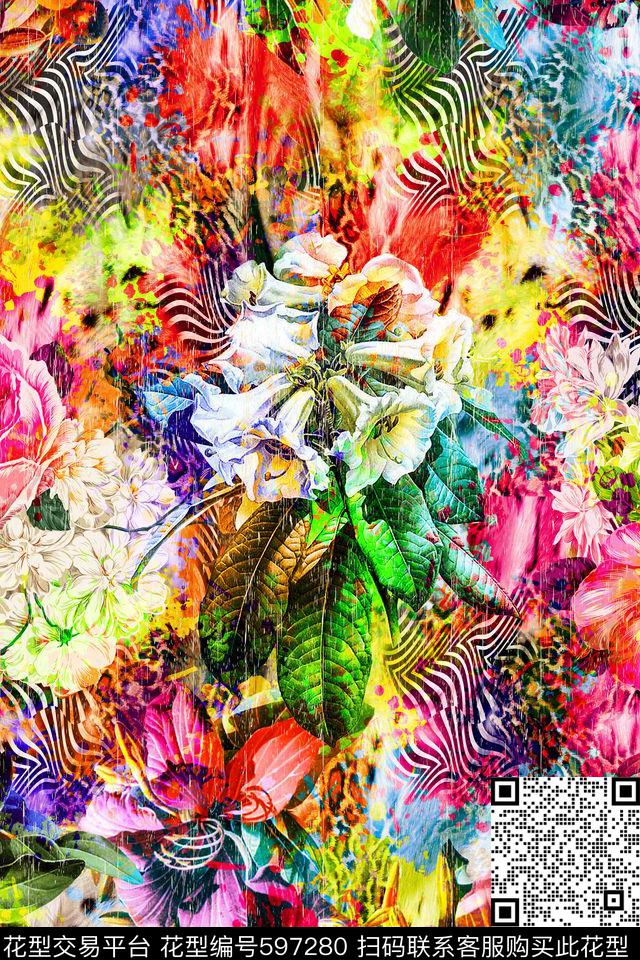 炫彩花朵花卉数码印花花型下载（图片编号: 597280） - 瓦栏（Walan）