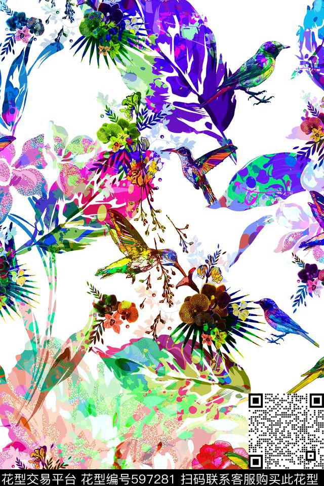 大花花卉数码印花花型下载（图片编号: 597281） - 瓦栏（Walan）