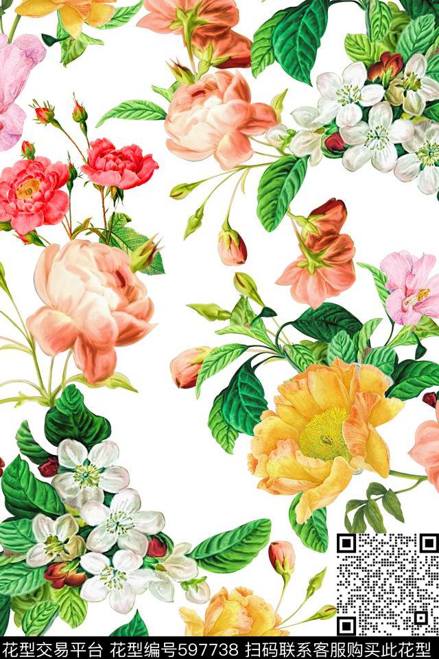 素雅乱花沙发 - 597738 - 花卉 乱花 沙发布（花卉） - 数码印花花型 － 沙发布花型设计 － 瓦栏