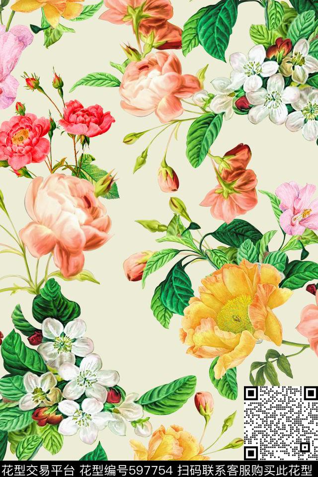 素雅乱花沙发 - 597754 - 花卉 乱花 沙发布（花卉） - 数码印花花型 － 沙发布花型设计 － 瓦栏