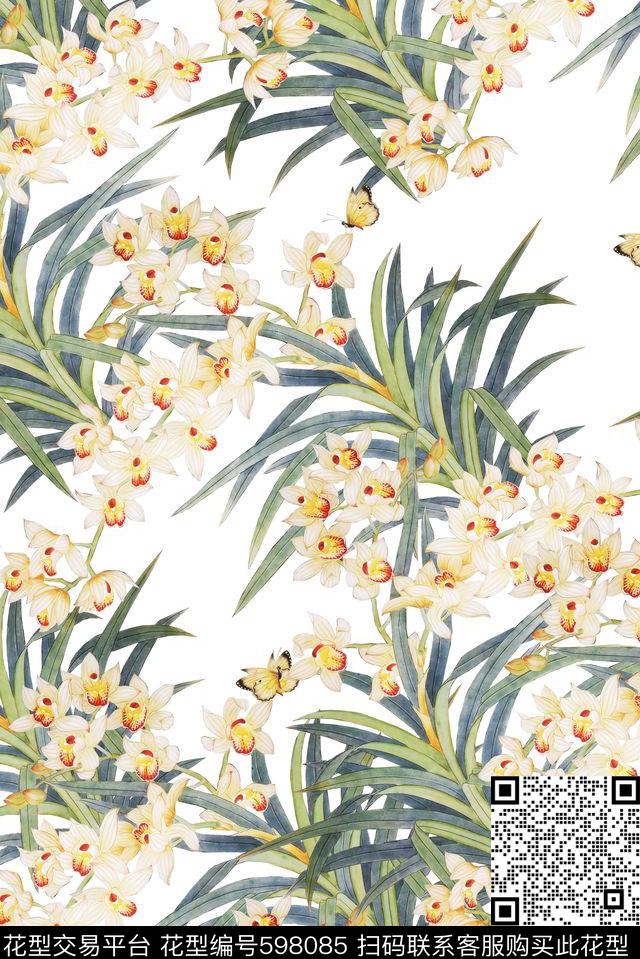 中国风花草兰花数码印花花型下载（图片编号: 598085） - 瓦栏（Walan）