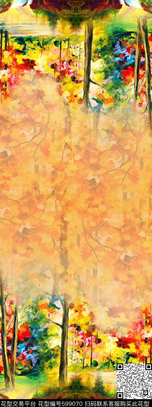 油画枫叶 - 599070 - 双边定位 油画 枫叶 - 数码印花花型 － 长巾花型设计 － 瓦栏