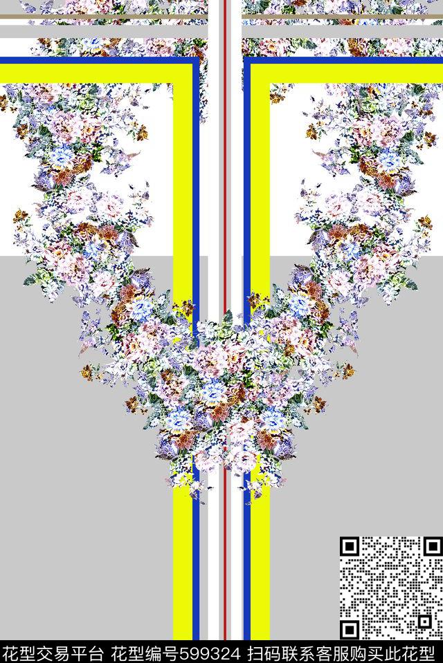 条纹花卉 - 599324 - 定位 花卉 几何。衬衫 - 传统印花花型 － 女装花型设计 － 瓦栏