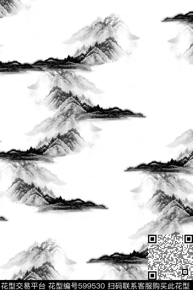 意境水墨山水数码印花花型下载（图片编号: 599530） - 瓦栏（Walan）