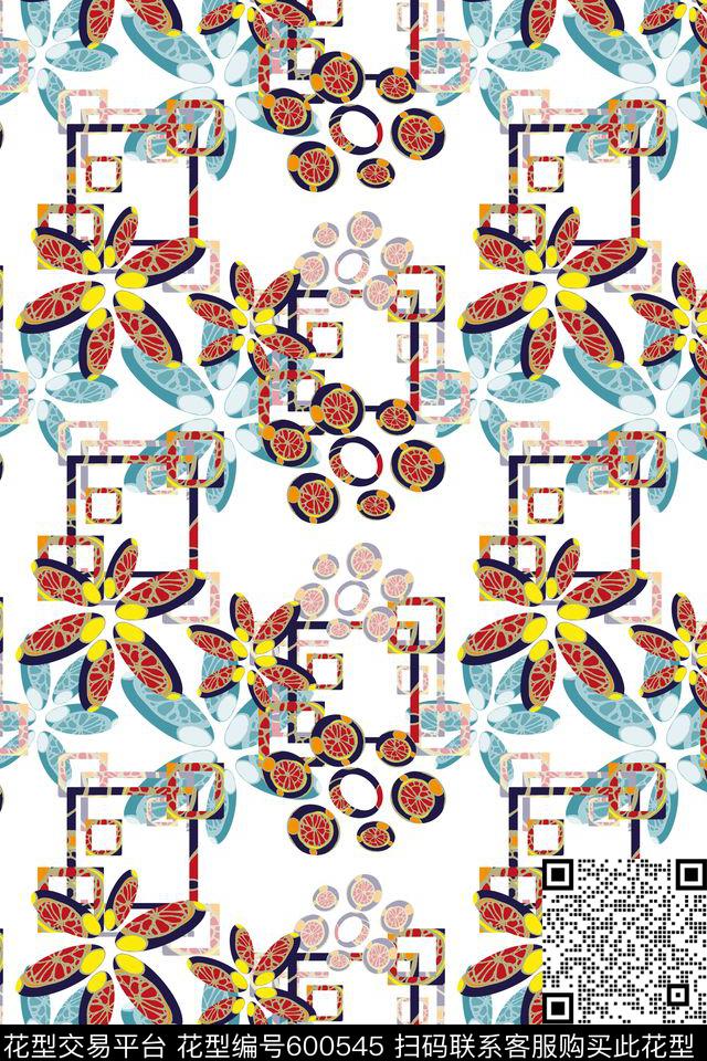 格子抽象风格风格花卉数码印花花型下载（图片编号: 600545） - 瓦栏（Walan）