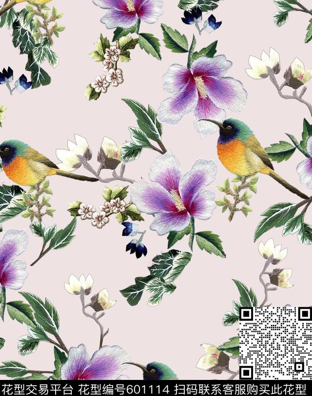 刺绣花小鸟图D&G - 601114 - 刺绣 小鸟 花卉 - 数码印花花型 － 女装花型设计 － 瓦栏
