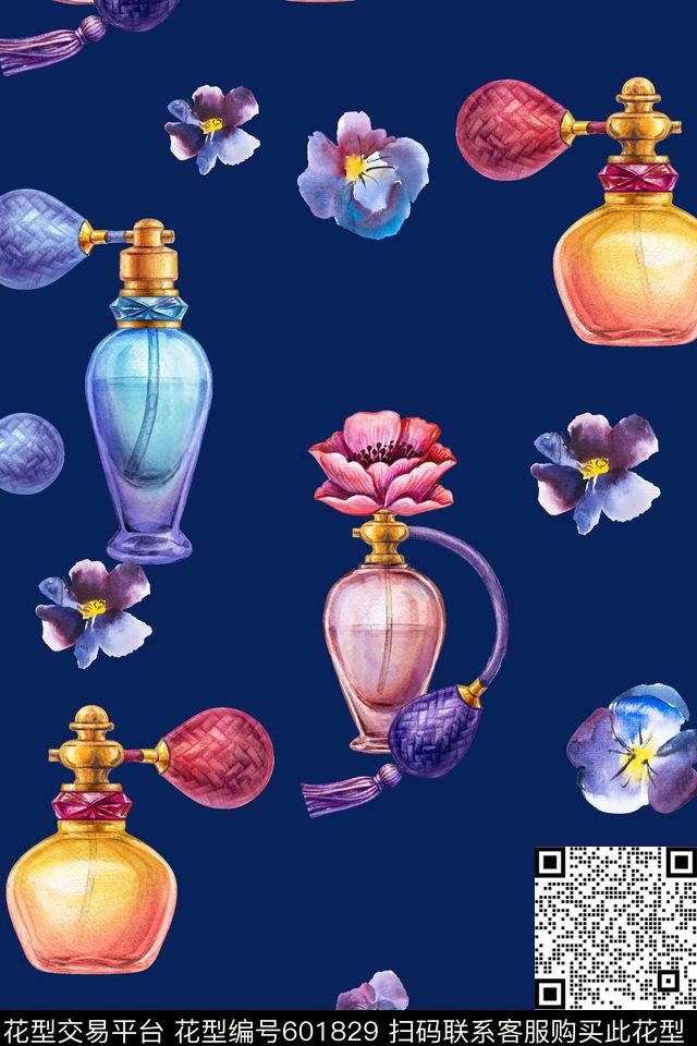 花卉 香水瓶01.jpg - 601829 - 兰花 花卉 香水瓶 - 传统印花花型 － 女装花型设计 － 瓦栏