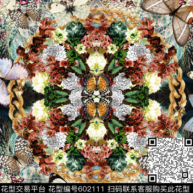 花朵旗袍花型大牌女装工笔画数码印花花型下载（图片编号: 602111） - 瓦栏（Walan）
