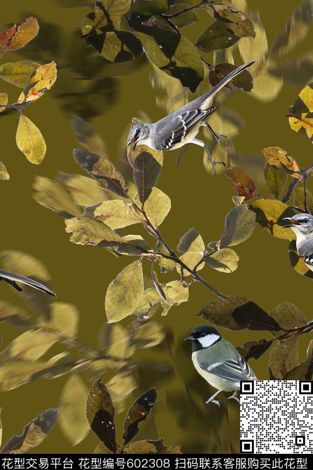 鸟树叶数码印花花型下载（图片编号: 602308） - 瓦栏（Walan）