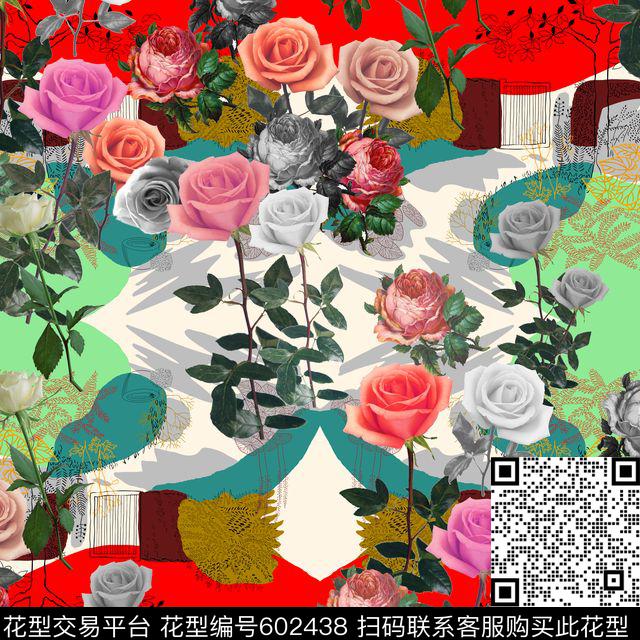 玫瑰玫瑰花数码印花花型下载（图片编号: 602438） - 瓦栏（Walan）