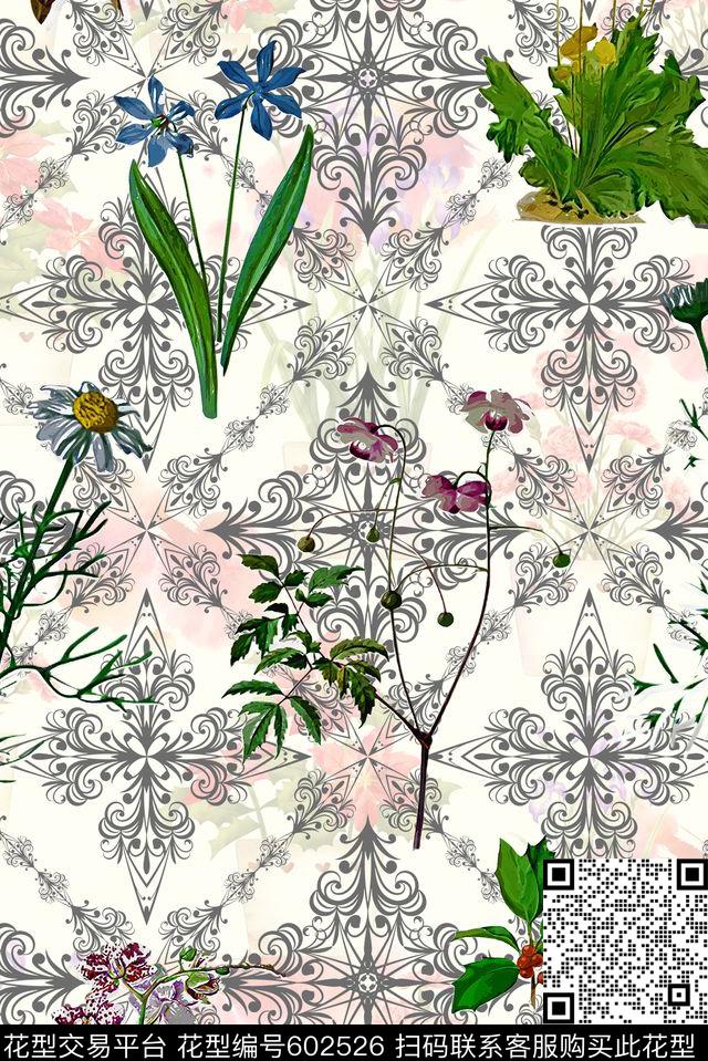 手绘花纹花卉数码印花花型下载（图片编号: 602526） - 瓦栏（Walan）