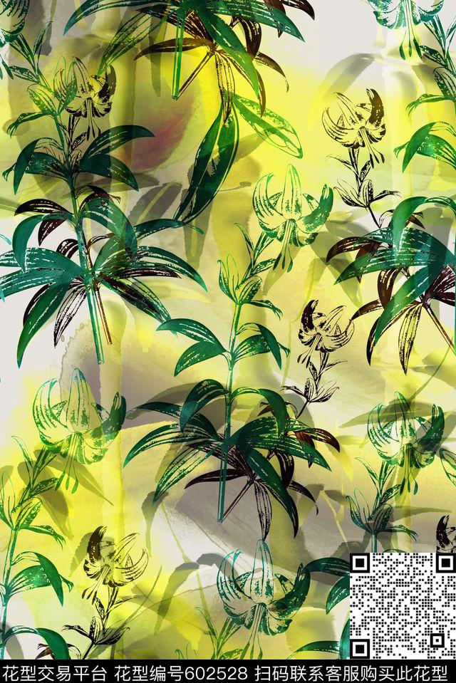 中国风水墨绿叶数码印花花型下载（图片编号: 602528） - 瓦栏（Walan）