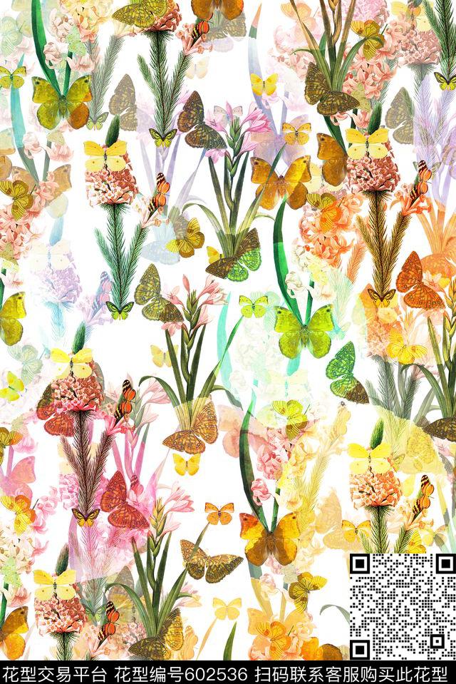 水彩波点蝴蝶数码印花花型下载（图片编号: 602536） - 瓦栏（Walan）