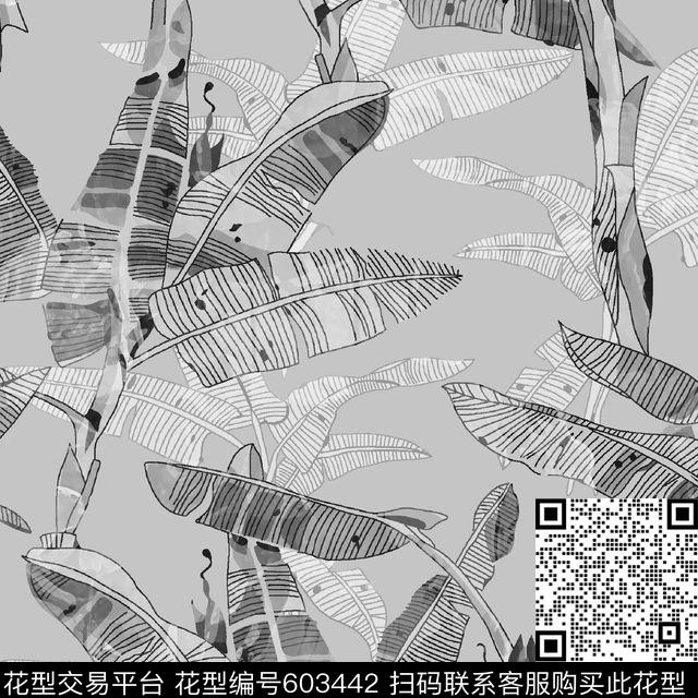 芭蕉-灰.tif - 603442 - 热带植物 芭蕉 衬衫 - 传统印花花型 － 男装花型设计 － 瓦栏