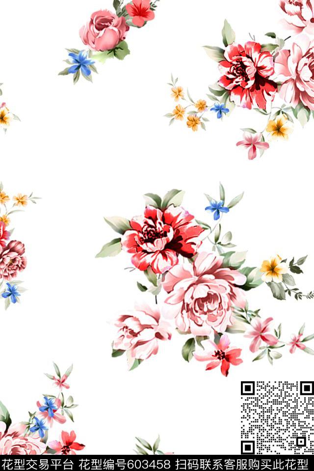 花卉传统印花花型下载（图片编号: 603458） - 瓦栏（Walan）