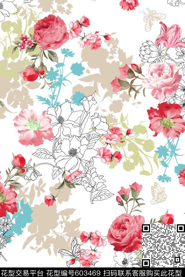 花卉传统印花花型下载（图片编号: 603469） - 瓦栏（Walan）