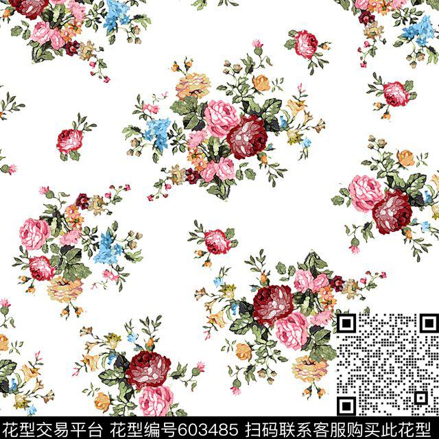 花卉清爽底色花传统印花花型下载（图片编号: 603485） - 瓦栏（Walan）