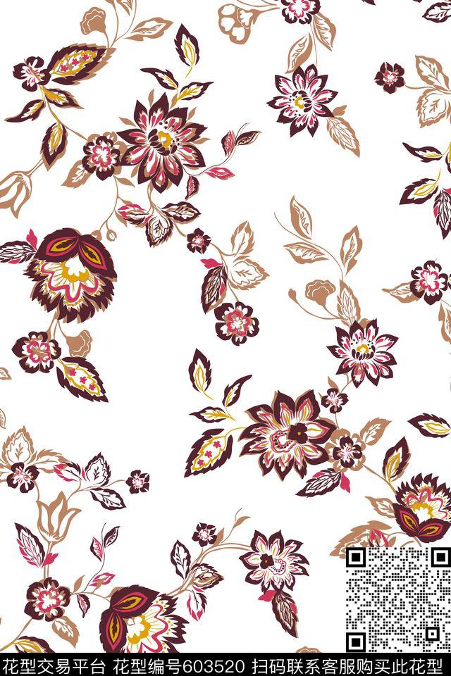 花卉清爽底色花传统印花花型下载（图片编号: 603520） - 瓦栏（Walan）