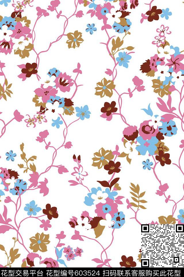 花卉传统印花花型下载（图片编号: 603524） - 瓦栏（Walan）