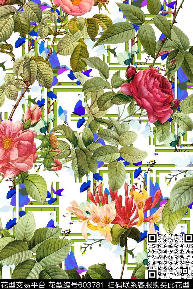 手绘大朵玫瑰数码印花花型下载（图片编号: 603781） - 瓦栏（Walan）