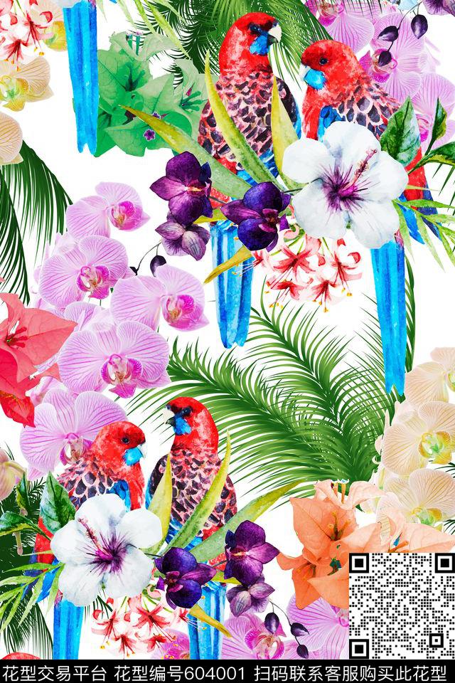 树叶鸟小清新花卉数码印花花型下载（图片编号: 604001） - 瓦栏（Walan）