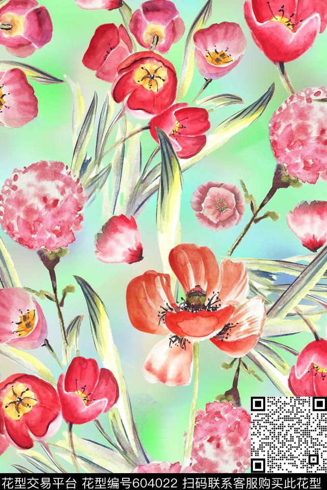 花卉郁金香水彩数码印花花型下载（图片编号: 604022） - 瓦栏（Walan）