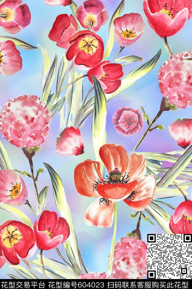 花卉郁金香水彩数码印花花型下载（图片编号: 604023） - 瓦栏（Walan）