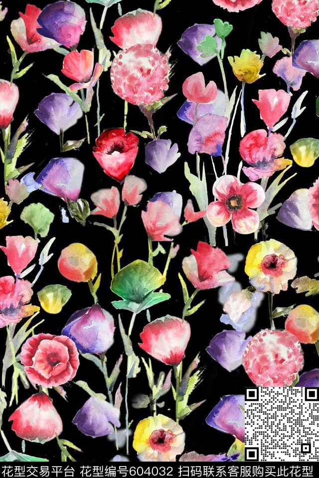花卉水彩手绘数码印花花型下载（图片编号: 604032） - 瓦栏（Walan）