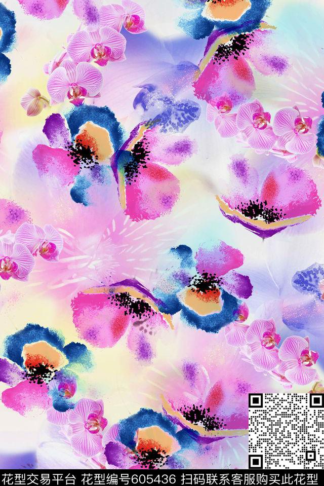 小清新花卉水彩花卉数码印花花型下载（图片编号: 605436） - 瓦栏（Walan）