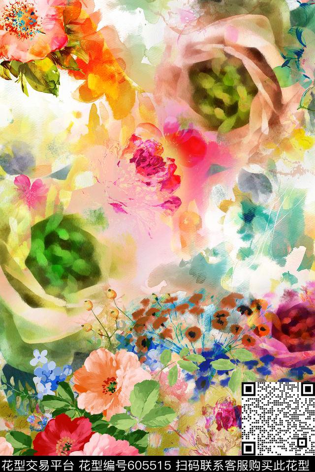 小清新花卉水彩花卉数码印花花型下载（图片编号: 605515） - 瓦栏（Walan）