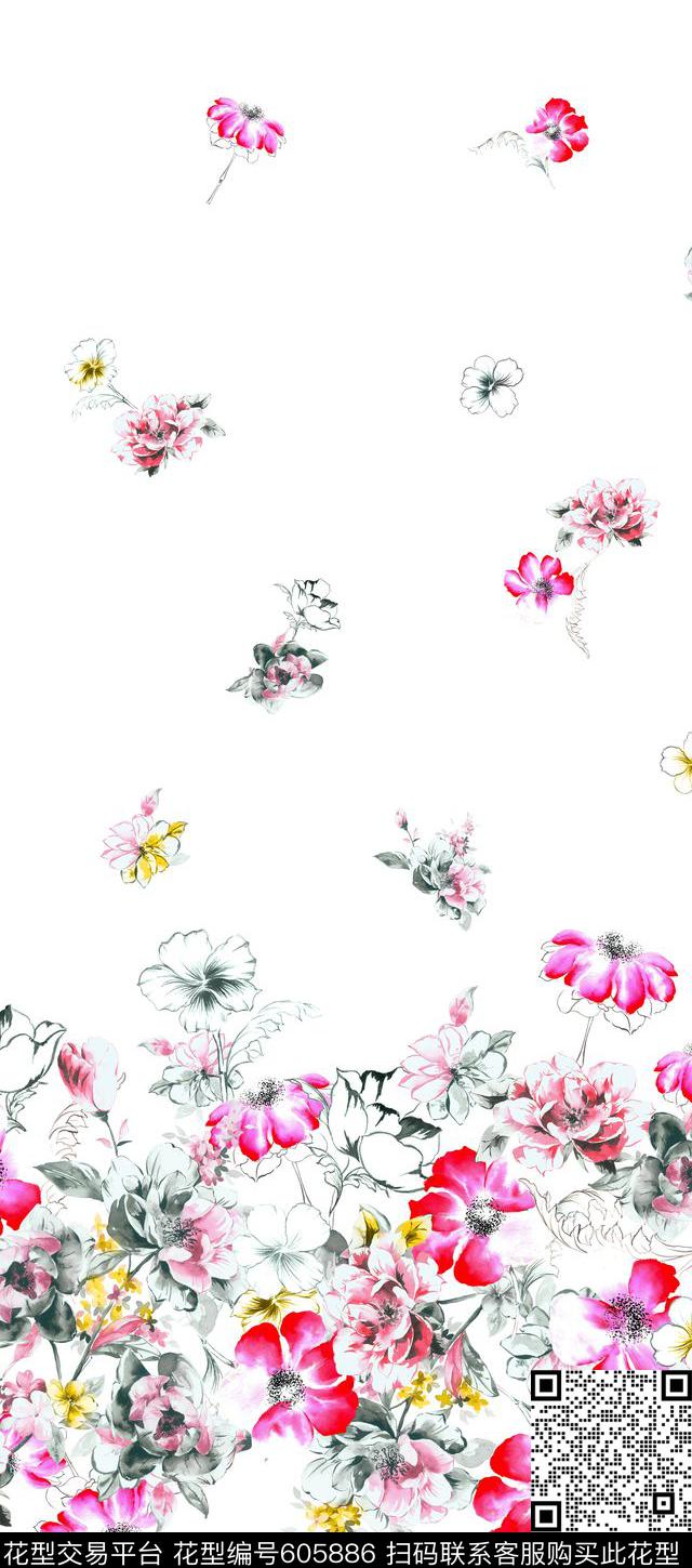 花卉传统印花花型下载（图片编号: 605886） - 瓦栏（Walan）