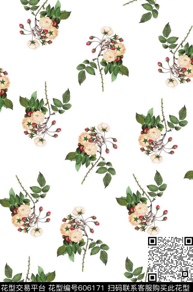 精致手绘玫瑰数码印花花型下载（图片编号: 606171） - 瓦栏（Walan）