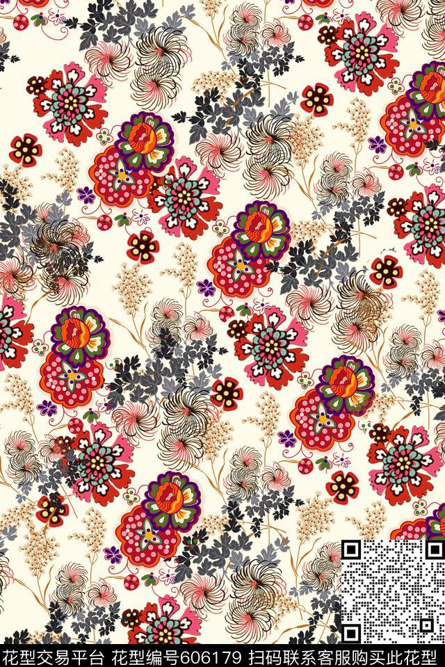 精细满版线描数码印花花型下载（图片编号: 606179） - 瓦栏（Walan）