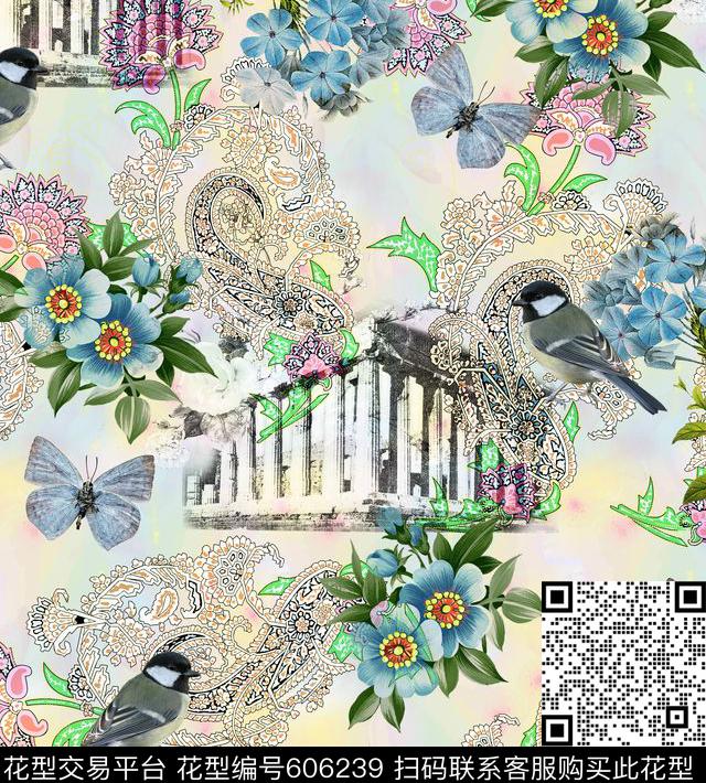 花卉建筑数码印花花型下载（图片编号: 606239） - 瓦栏（Walan）
