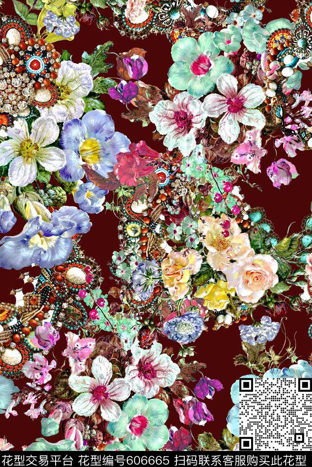 花朵花卉珠宝数码印花花型下载（图片编号: 606665） - 瓦栏（Walan）