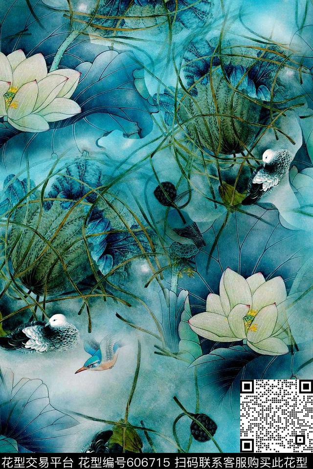 水彩花朵山水画数码印花花型下载（图片编号: 606715） - 瓦栏（Walan）
