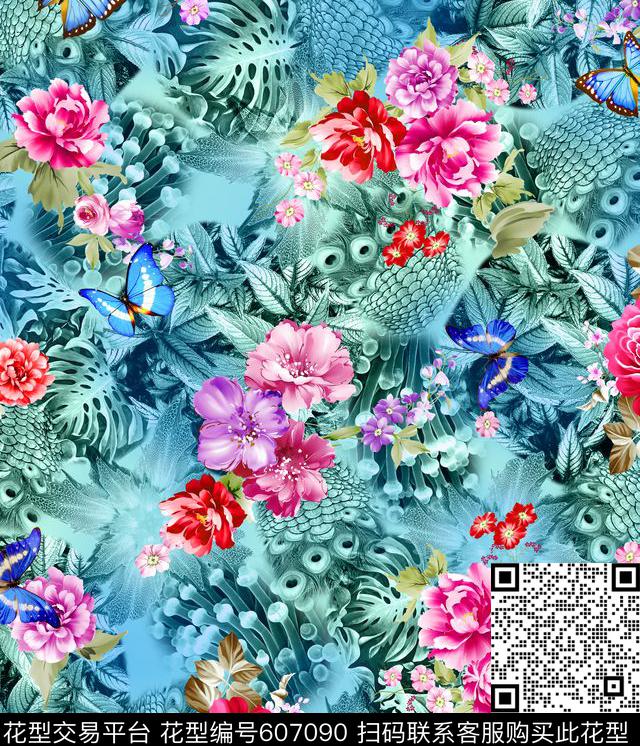 花卉数码印花花型下载（图片编号: 607090） - 瓦栏（Walan）